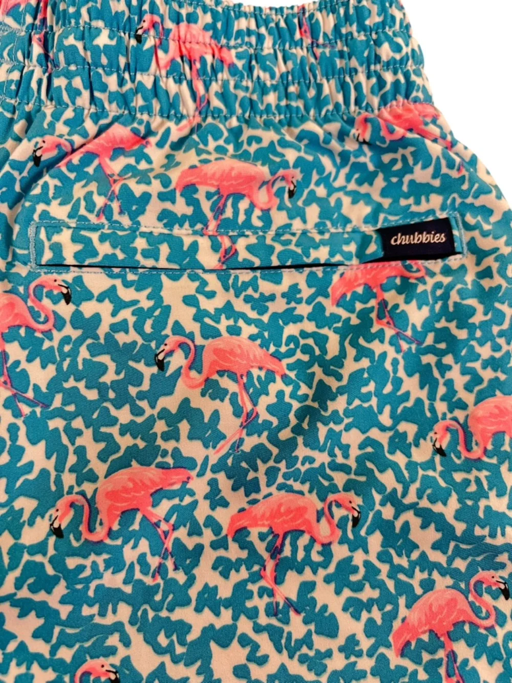 CHUBBIES Flamingo‎ Print Swim Trunks Blue Pink Elastic Waist Sz S